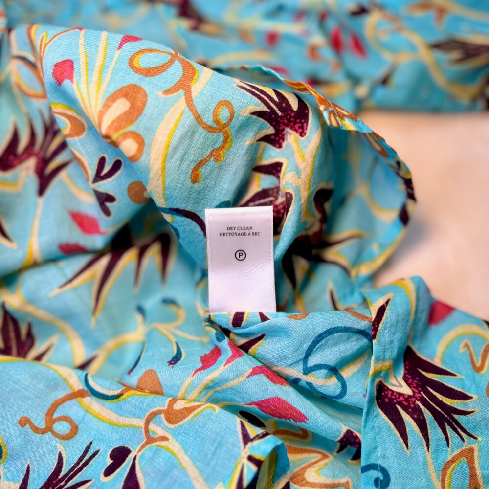ALC Tropical Cotton Blouse Balloon Sleeve Turquoise 12 Resort Vacation Cruise - Picture 13 of 16